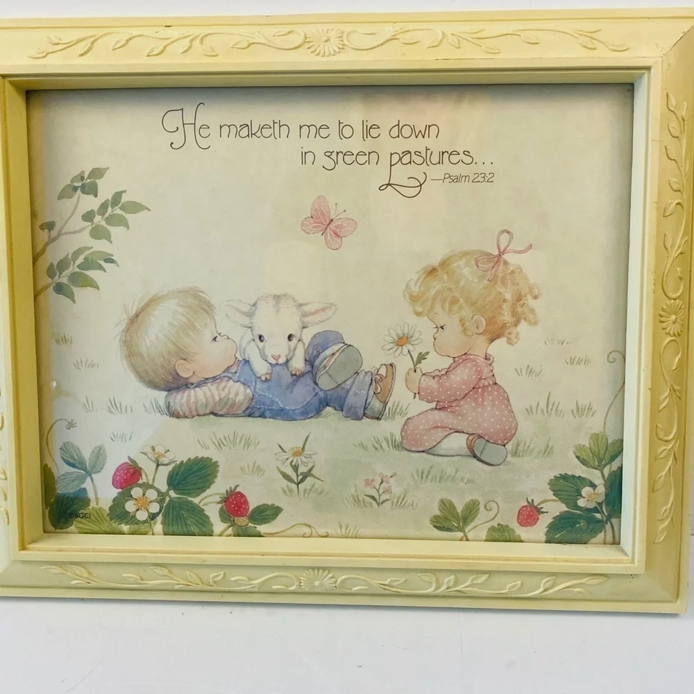 23RD psalm Christian nursery art pale yellow children strawberries lamb - Picture 3 of 12